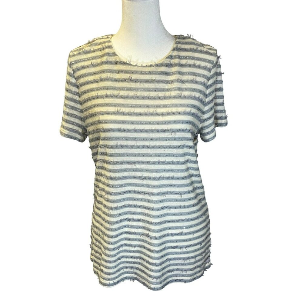 Talbots Womens Large Petite Shirt Thin Knit Sequins Sparkle Striped White Gray